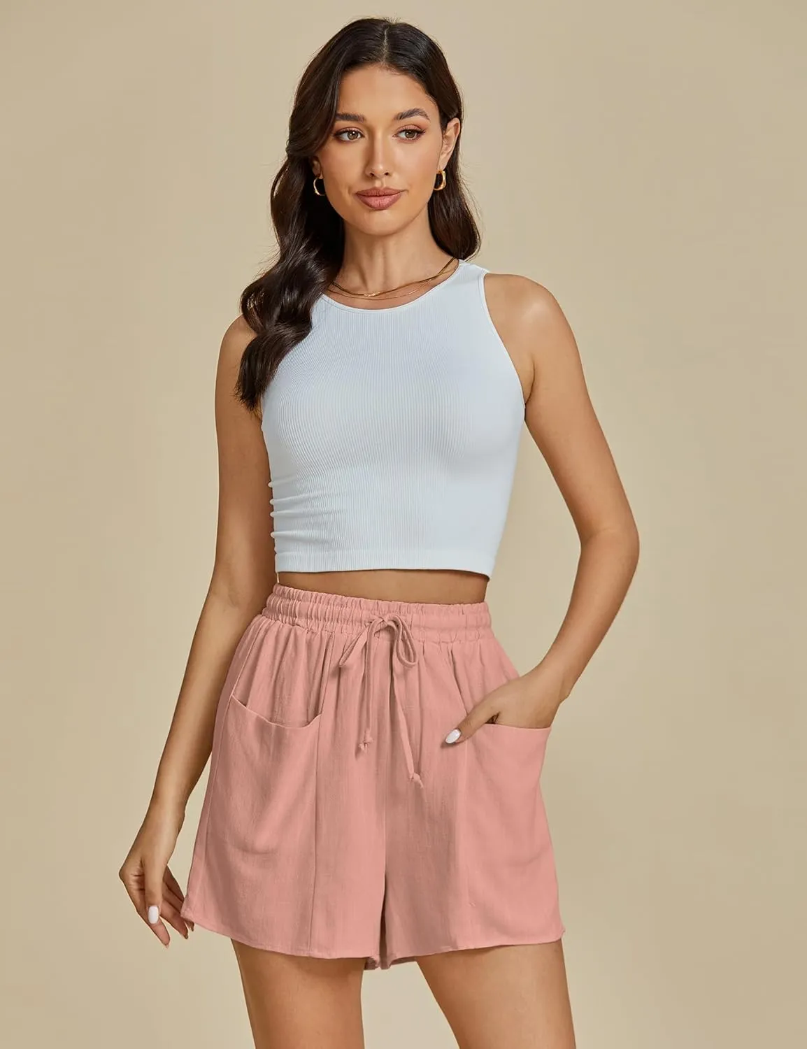 luvamia Linen Shorts for Women Trendy High Waisted Casual Summer Pull On Drawstring Beach Loost Fit Shorts with Pockets