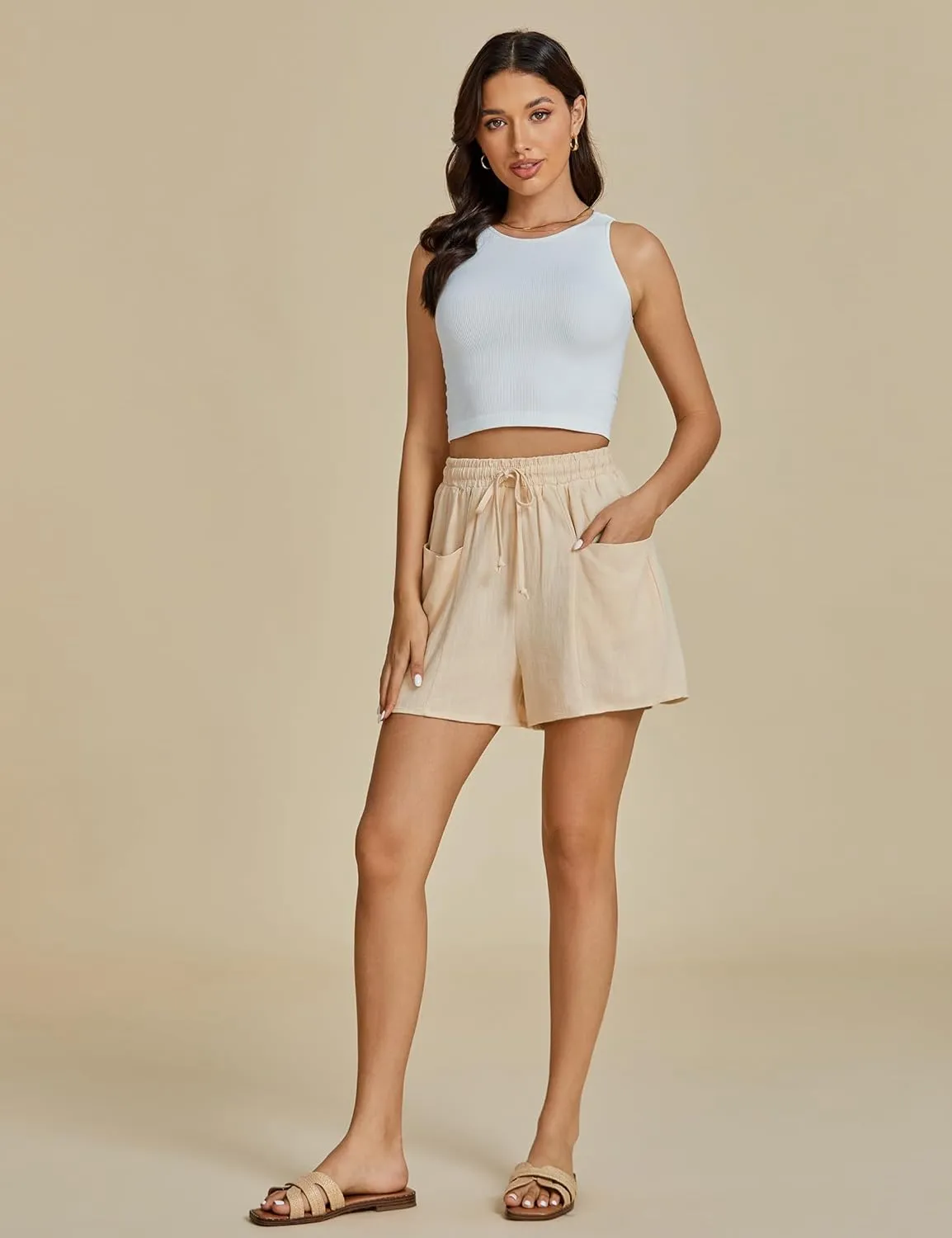 luvamia Linen Shorts for Women Trendy High Waisted Casual Summer Pull On Drawstring Beach Loost Fit Shorts with Pockets