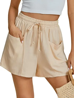 luvamia Linen Shorts for Women Trendy High Waisted Casual Summer Pull On Drawstring Beach Loost Fit Shorts with Pockets