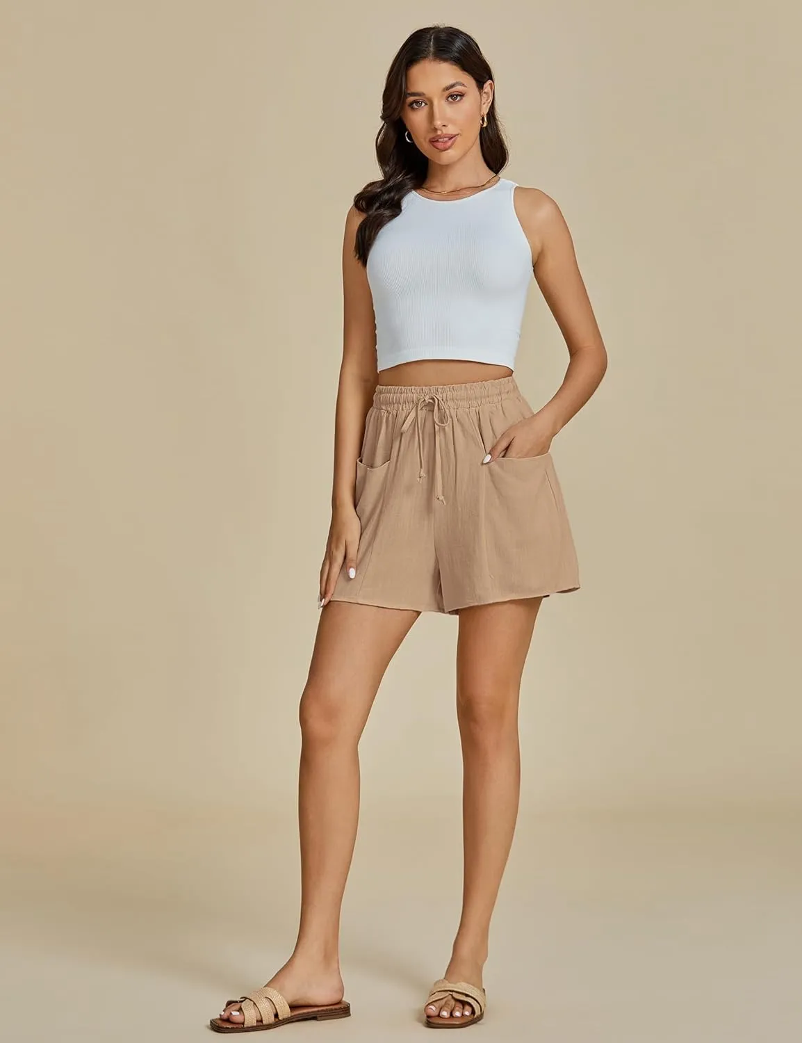 luvamia Linen Shorts for Women Trendy High Waisted Casual Summer Pull On Drawstring Beach Loost Fit Shorts with Pockets