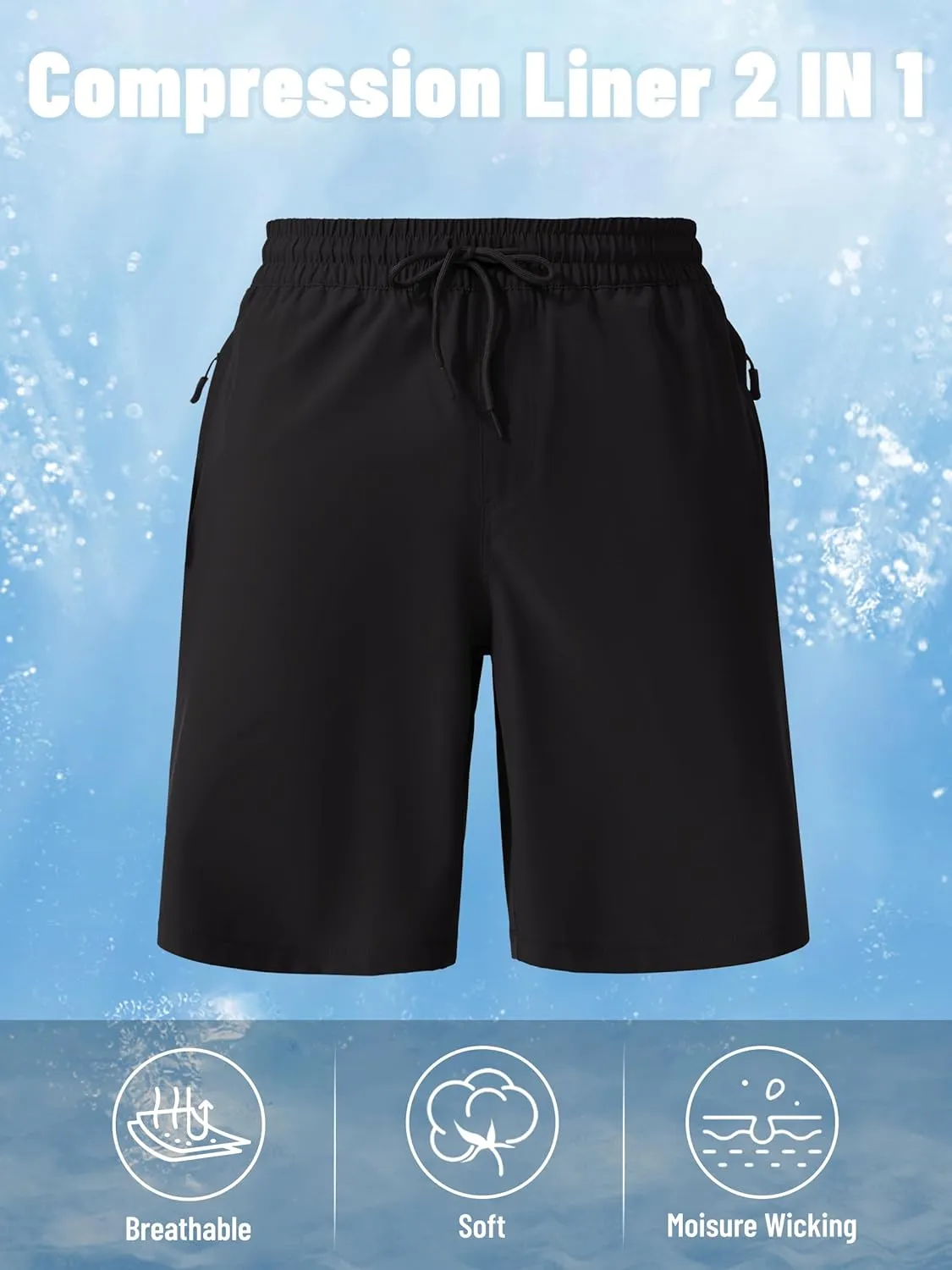 MAGCOMSEN Men's Swim Trunks with Compression Liner 9" Quick Dry Beach Shorts with Zipper Pockets