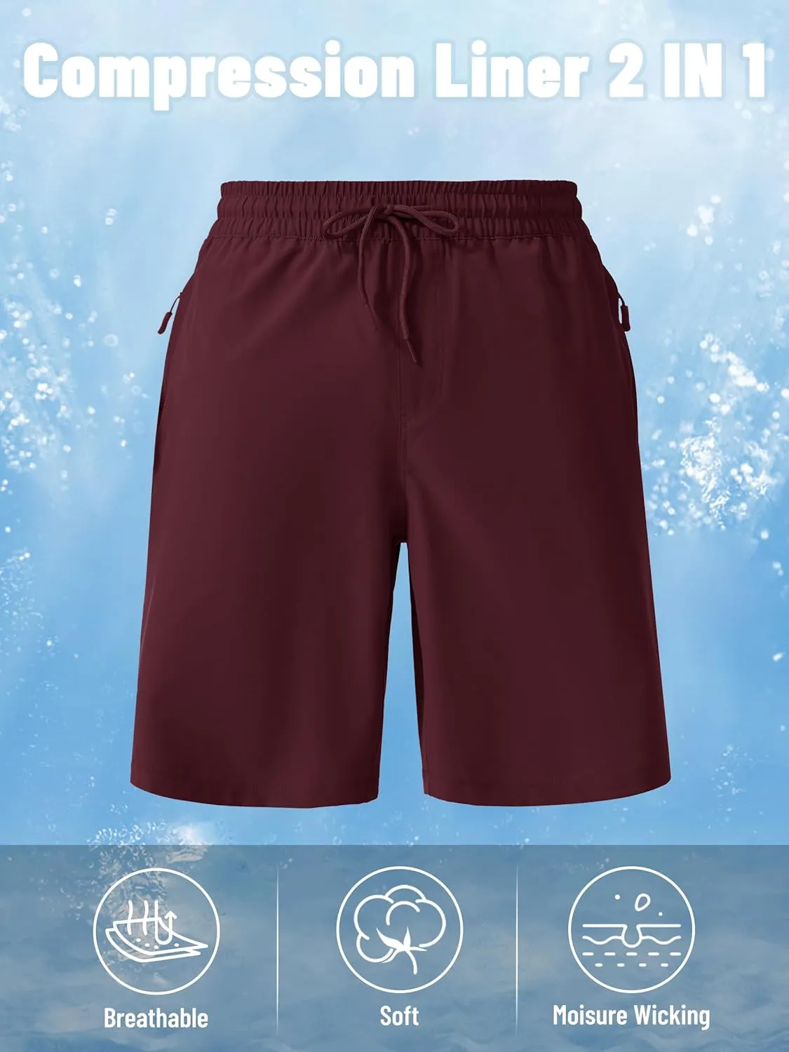 MAGCOMSEN Men's Swim Trunks with Compression Liner 9" Quick Dry Beach Shorts with Zipper Pockets
