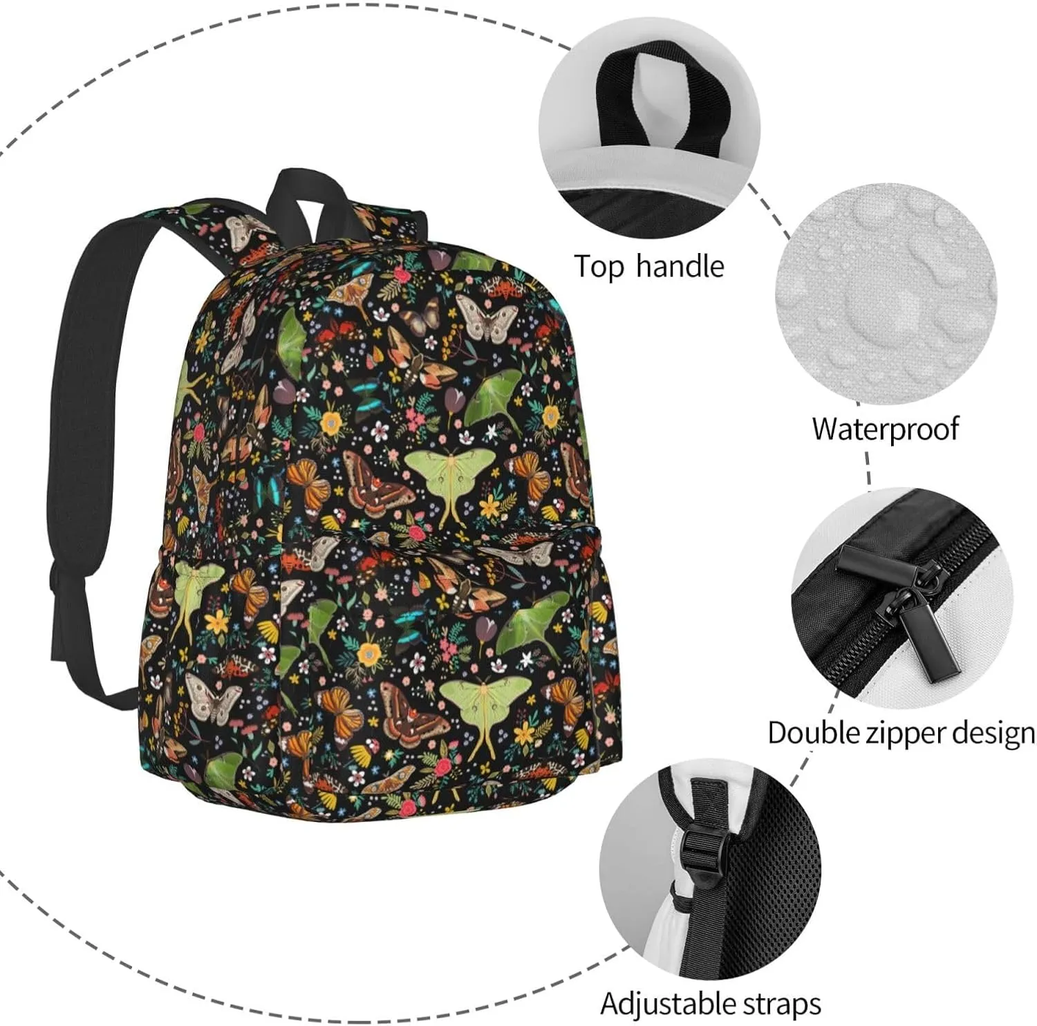 Magic Butterflies Waterproof Backpack Adjustable Shoulder Straps Bag Large Capacity Casual Daypack Bookbag For Travel Work