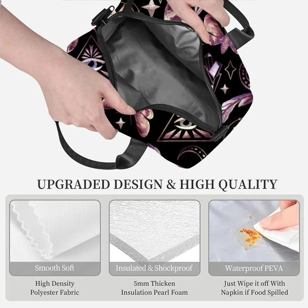 Magical and mystical characters moon phases rose stars feather and Insulated Adult Lunch Bag with Shoulder Strap for Women Lightweight Reusable Portable Freezable Lunch Tote Bag for Work Picnic