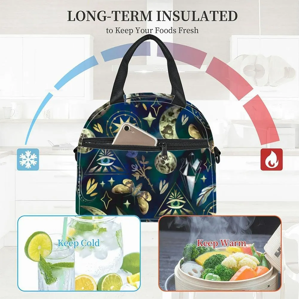 Magical and mystical characters moon phases rose stars feather and Insulated Adult Lunch Bag with Shoulder Strap for Women Lightweight Reusable Portable Freezable Lunch Tote Bag for Work Picnic