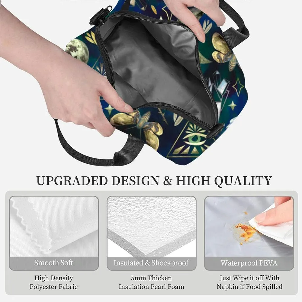 Magical and mystical characters moon phases rose stars feather and Insulated Adult Lunch Bag with Shoulder Strap for Women Lightweight Reusable Portable Freezable Lunch Tote Bag for Work Picnic