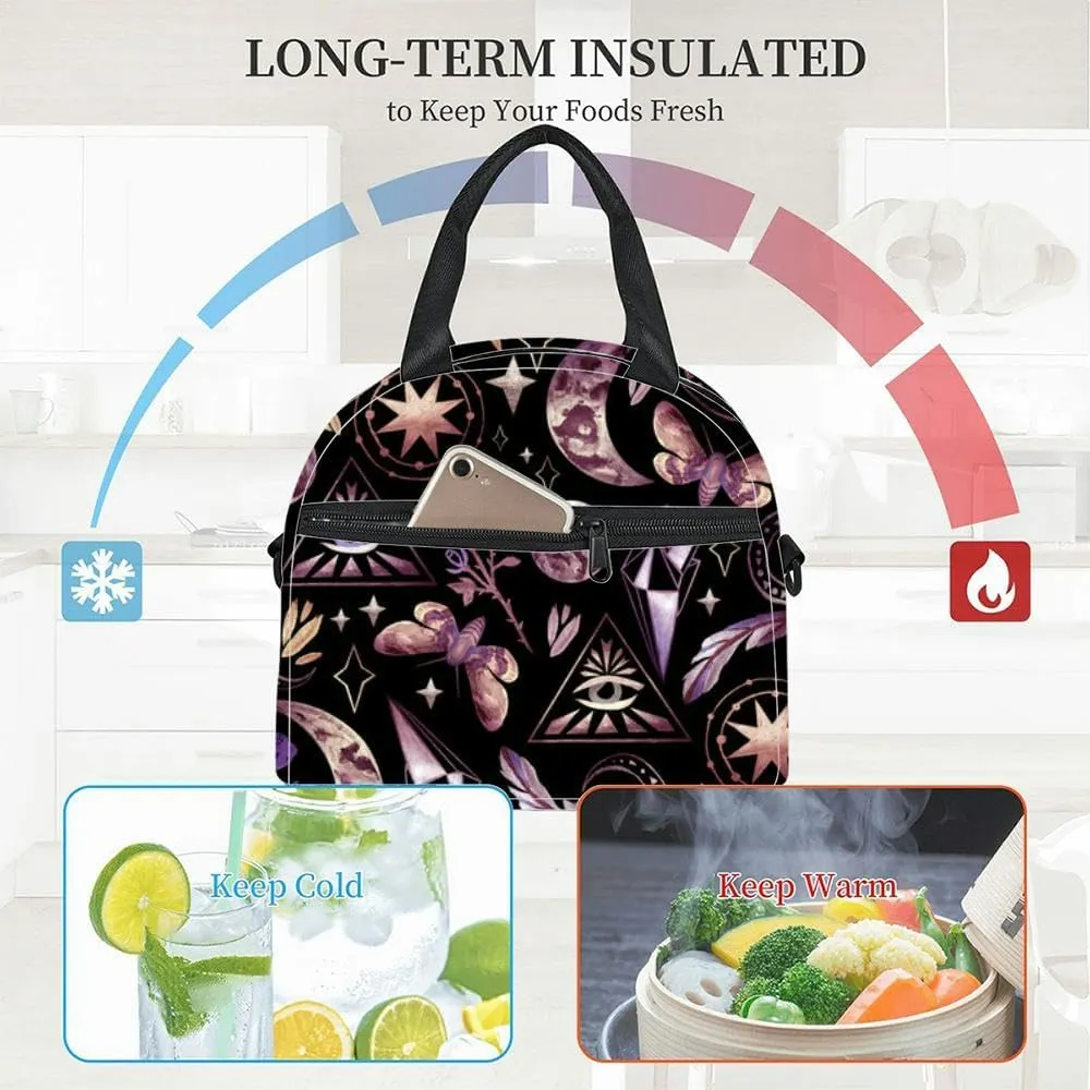 Magical and mystical characters moon phases rose stars feather and Insulated Adult Lunch Bag with Shoulder Strap for Women Lightweight Reusable Portable Freezable Lunch Tote Bag for Work Picnic