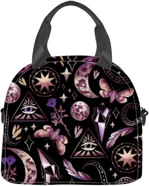 Magical and mystical characters moon phases rose stars feather and Insulated Adult Lunch Bag with Shoulder Strap for Women Lightweight Reusable Portable Freezable Lunch Tote Bag for Work Picnic