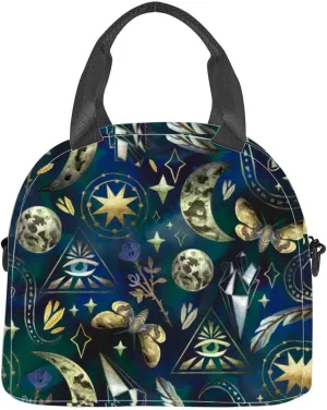 Magical and mystical characters moon phases rose stars feather and Insulated Adult Lunch Bag with Shoulder Strap for Women Lightweight Reusable Portable Freezable Lunch Tote Bag for Work Picnic