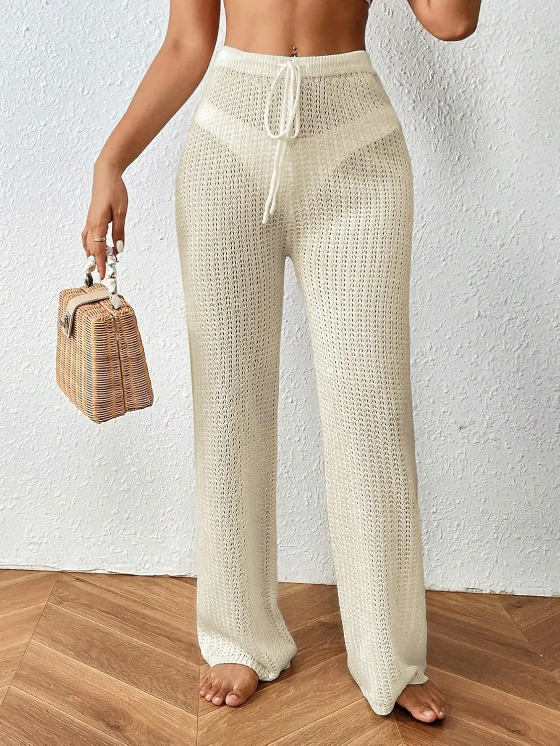 MakeMeChic Women's Crochet Beach Pant Drawstring Waist Bikini Swimsuits Sheer Mesh Cover Up Pants
