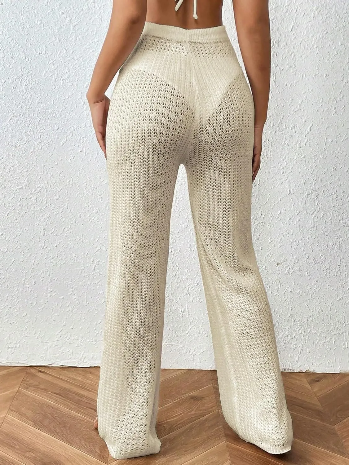 MakeMeChic Women's Crochet Beach Pant Drawstring Waist Bikini Swimsuits Sheer Mesh Cover Up Pants