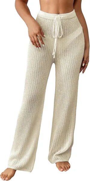MakeMeChic Women's Crochet Beach Pant Drawstring Waist Bikini Swimsuits Sheer Mesh Cover Up Pants