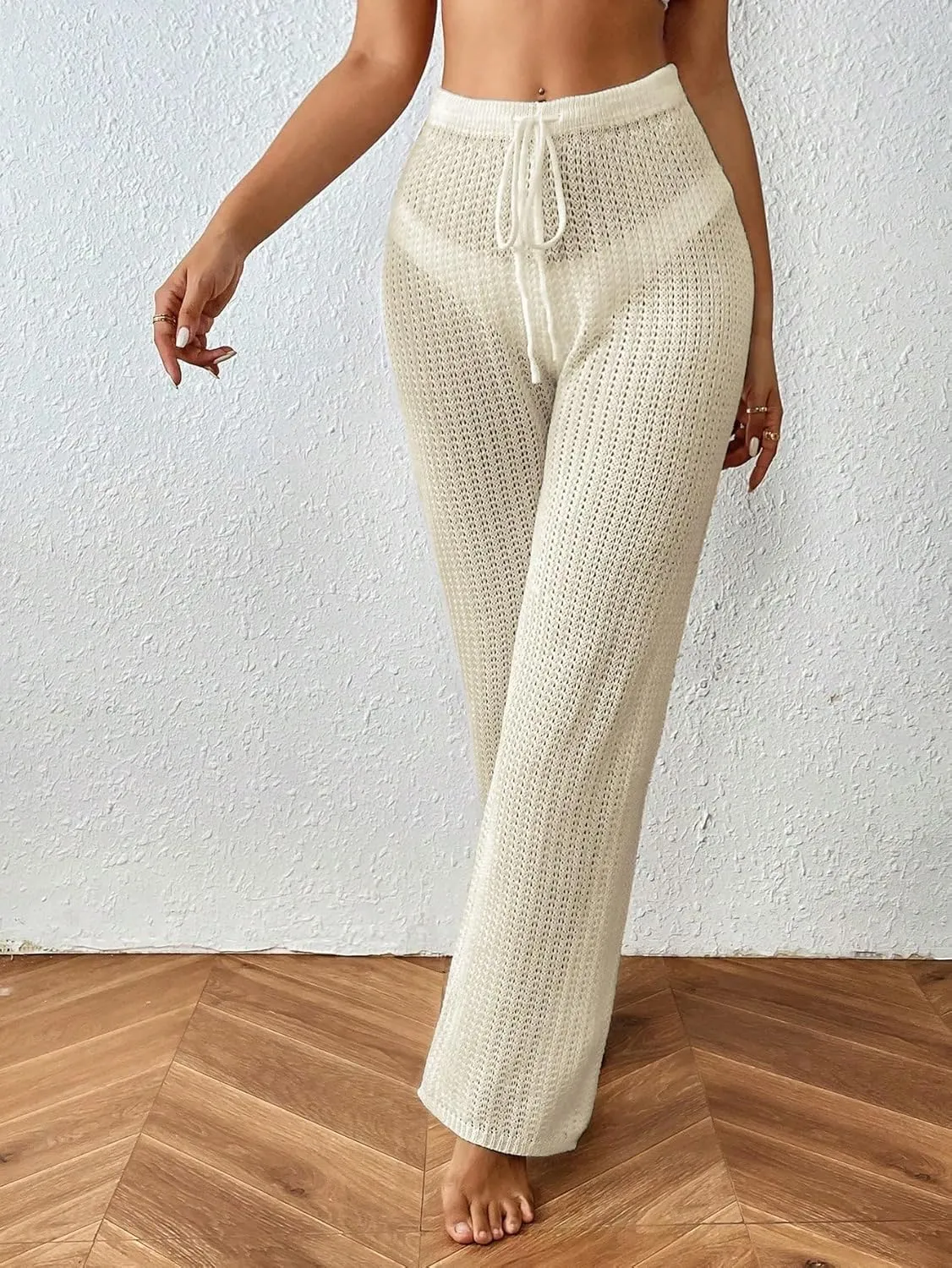 MakeMeChic Women's Crochet Beach Pant Drawstring Waist Bikini Swimsuits Sheer Mesh Cover Up Pants