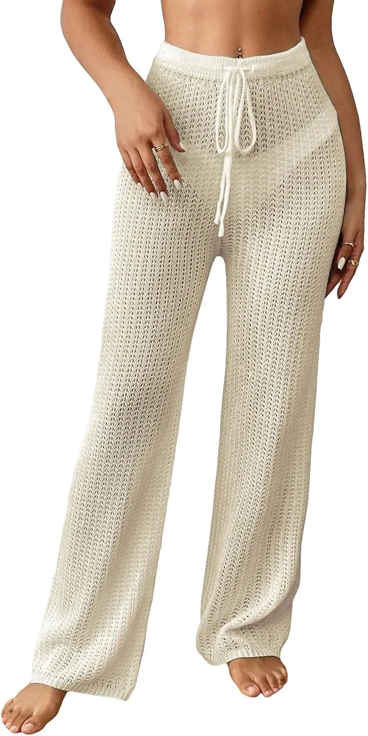 MakeMeChic Women's Crochet Beach Pant Drawstring Waist Bikini Swimsuits Sheer Mesh Cover Up Pants