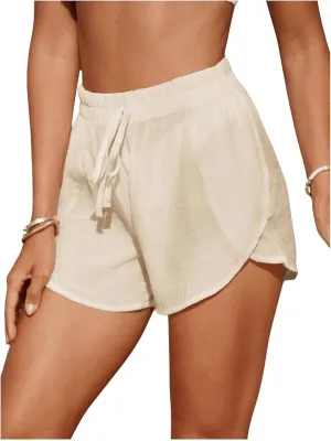 MakeMeChic Women's Drawstring Waist Bikini Cover Up Solid See Through Split Hem Beach Cover Up Shorts