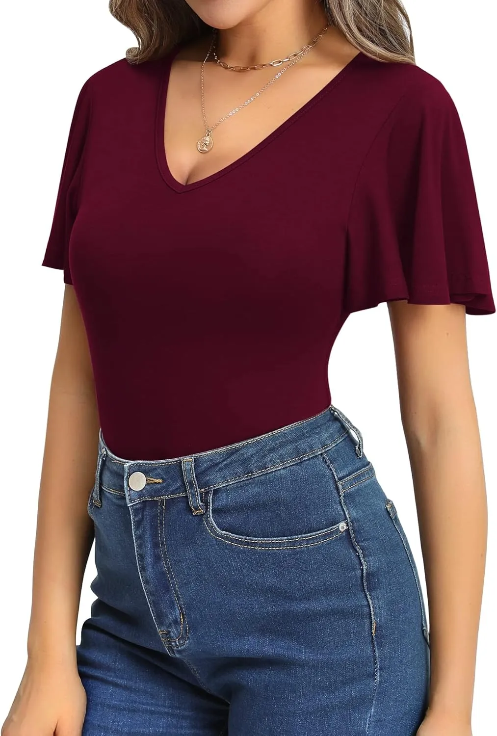 MANGOPOP Womens Deep V Neck Ruffle Short Sleeve Tops Sexy Bodysuit for Women Clothing