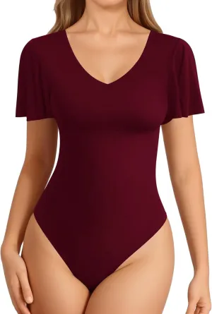 MANGOPOP Womens Deep V Neck Ruffle Short Sleeve Tops Sexy Bodysuit for Women Clothing