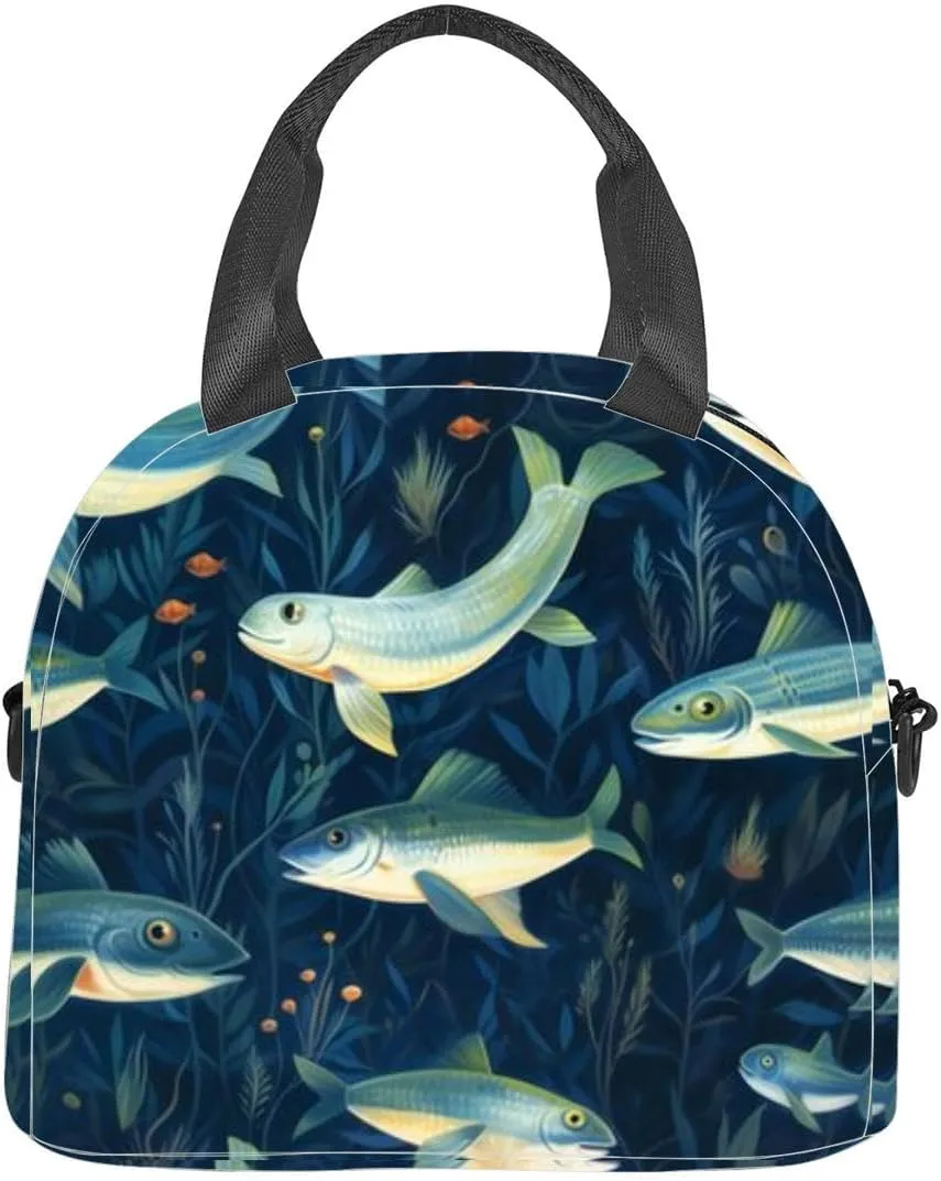 marine life fish Insulated Adult Lunch Bag with Shoulder Strap for Women Lightweight Reusable Portable Freezable Lunch Tote Bag for Work Picnic