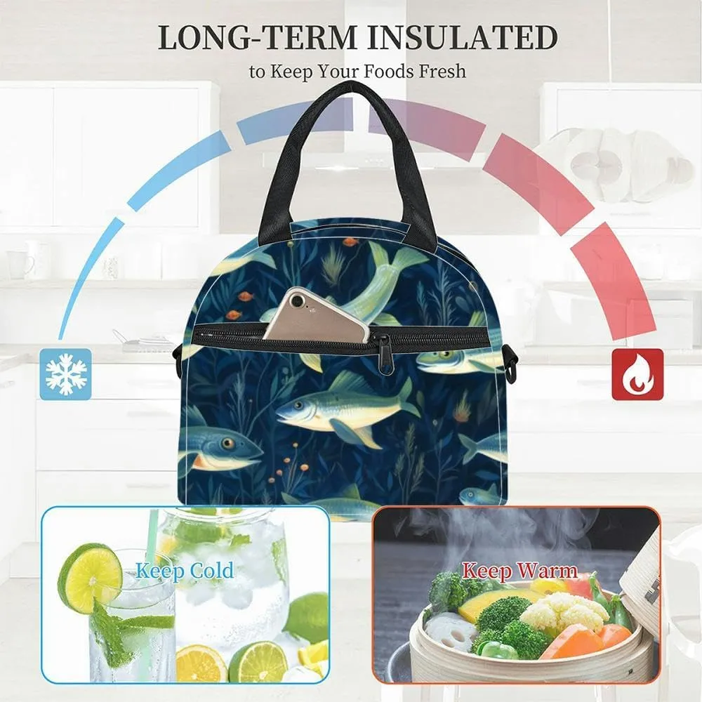 marine life fish Insulated Adult Lunch Bag with Shoulder Strap for Women Lightweight Reusable Portable Freezable Lunch Tote Bag for Work Picnic