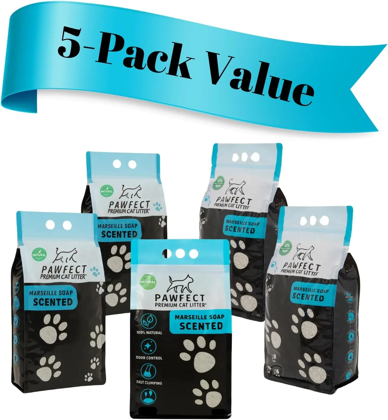 Marseille Soap Scented Clumping Cat Litter – 48 lb / 25 L (5 x 9.6 lb Bags), Lightweight, Dust-Free, Strong Odor Control, Turkish White Bentonite – 5-Pack for Multi-Cat Homes