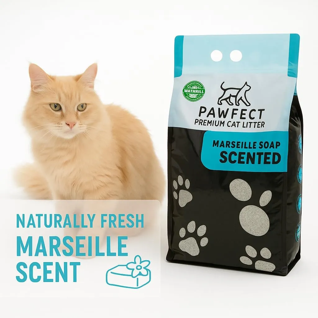 Marseille Soap Scented Clumping Cat Litter – 48 lb / 25 L (5 x 9.6 lb Bags), Lightweight, Dust-Free, Strong Odor Control, Turkish White Bentonite – 5-Pack for Multi-Cat Homes