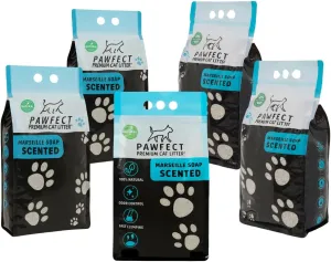 Marseille Soap Scented Clumping Cat Litter – 48 lb / 25 L (5 x 9.6 lb Bags), Lightweight, Dust-Free, Strong Odor Control, Turkish White Bentonite – 5-Pack for Multi-Cat Homes