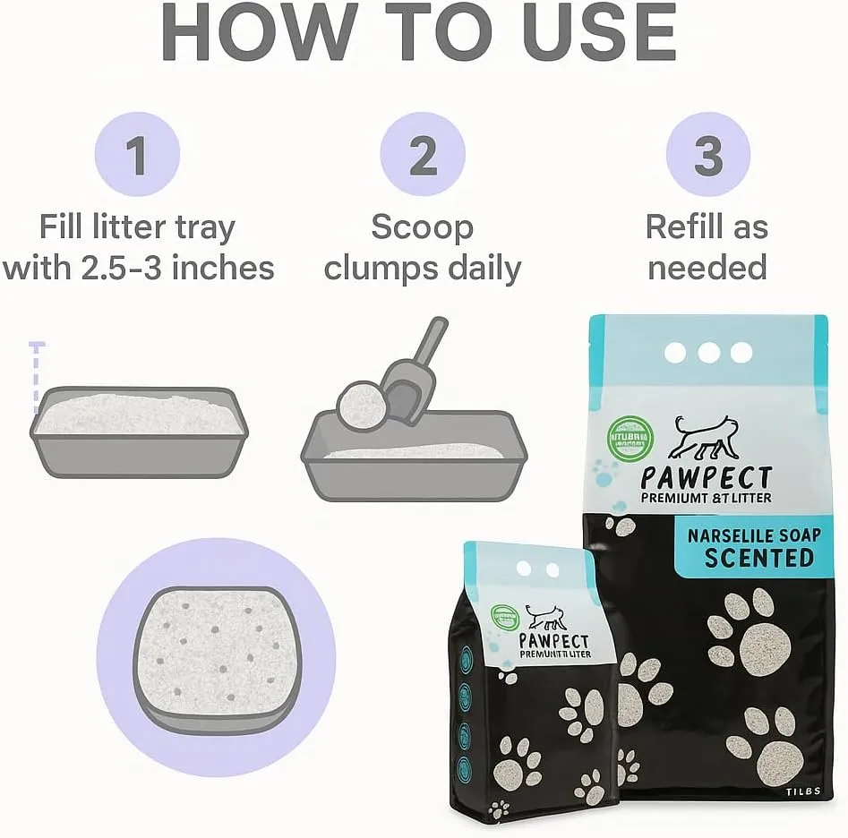 Marseille Soap Scented Clumping Cat Litter – 48 lb / 25 L (5 x 9.6 lb Bags), Lightweight, Dust-Free, Strong Odor Control, Turkish White Bentonite – 5-Pack for Multi-Cat Homes
