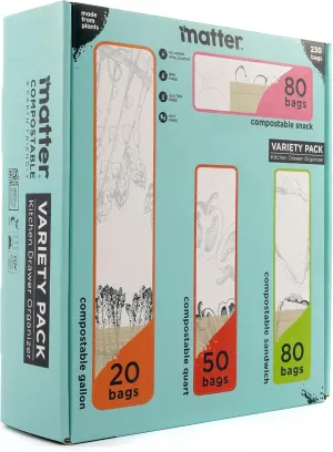 Matter Assorted Kitchen Bags 230 Count, Certified Compostable Biodegradable Eco-Friendly, Resealable Food Storage, Variety Pack, 80 Snack, 80 Sandwich, 50 Quart, 20 Gallon