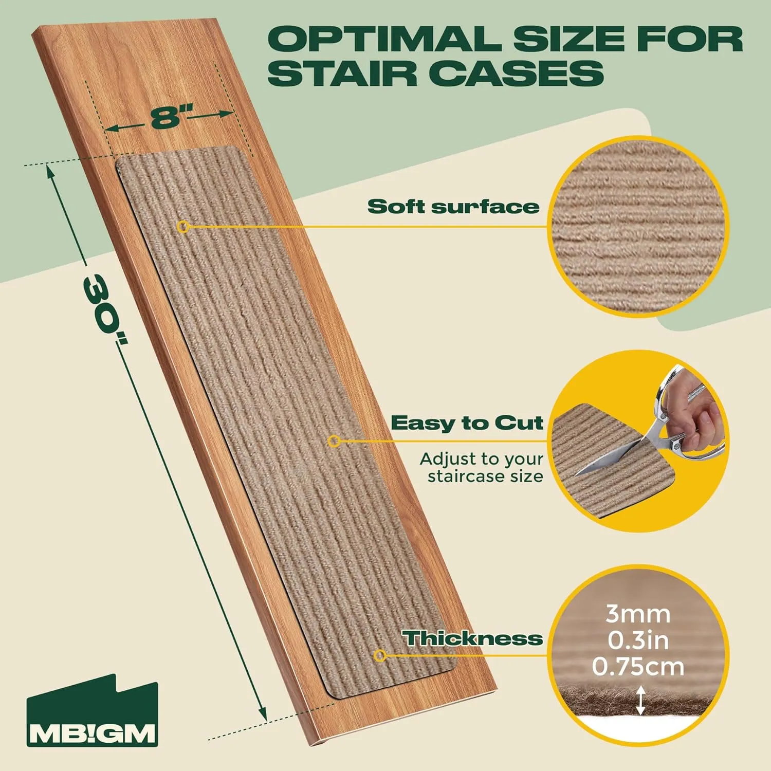 MBIGM 8" X 30" (15 in Pack) Non-Slip Carpet Stair Treads Non-Skid Safety Rug Slip Resistant Indoor Runner for Kids Elders & Pets with Reusable Adhesive - Cornstalk - Carpet Pads for Stairs
