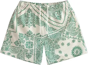 MECH-ENG Men's Paisley Shorts Mesh Graphic Bandana Print Boho Summer Beach Lightweight Drawstring Shorts