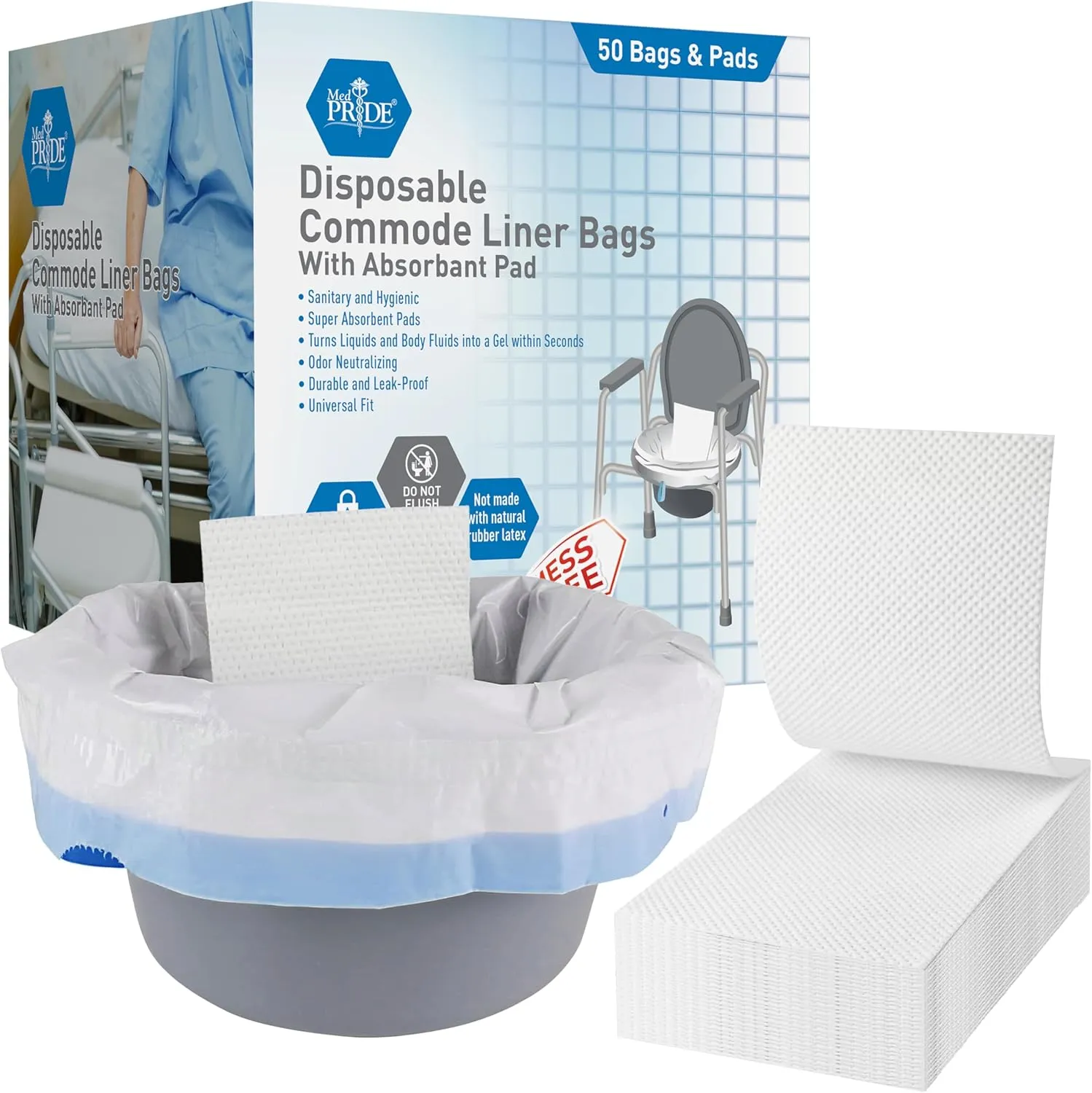 MED PRIDE Disposable [Pack of 50 Bags & Pads] Bedside Commode Liner Bags With Absorbent Pad - Bed Pan Liners With Wet-Lock Gel- Universal Fit Potty Chair Liners For Buckets & Camping Portable Toilets