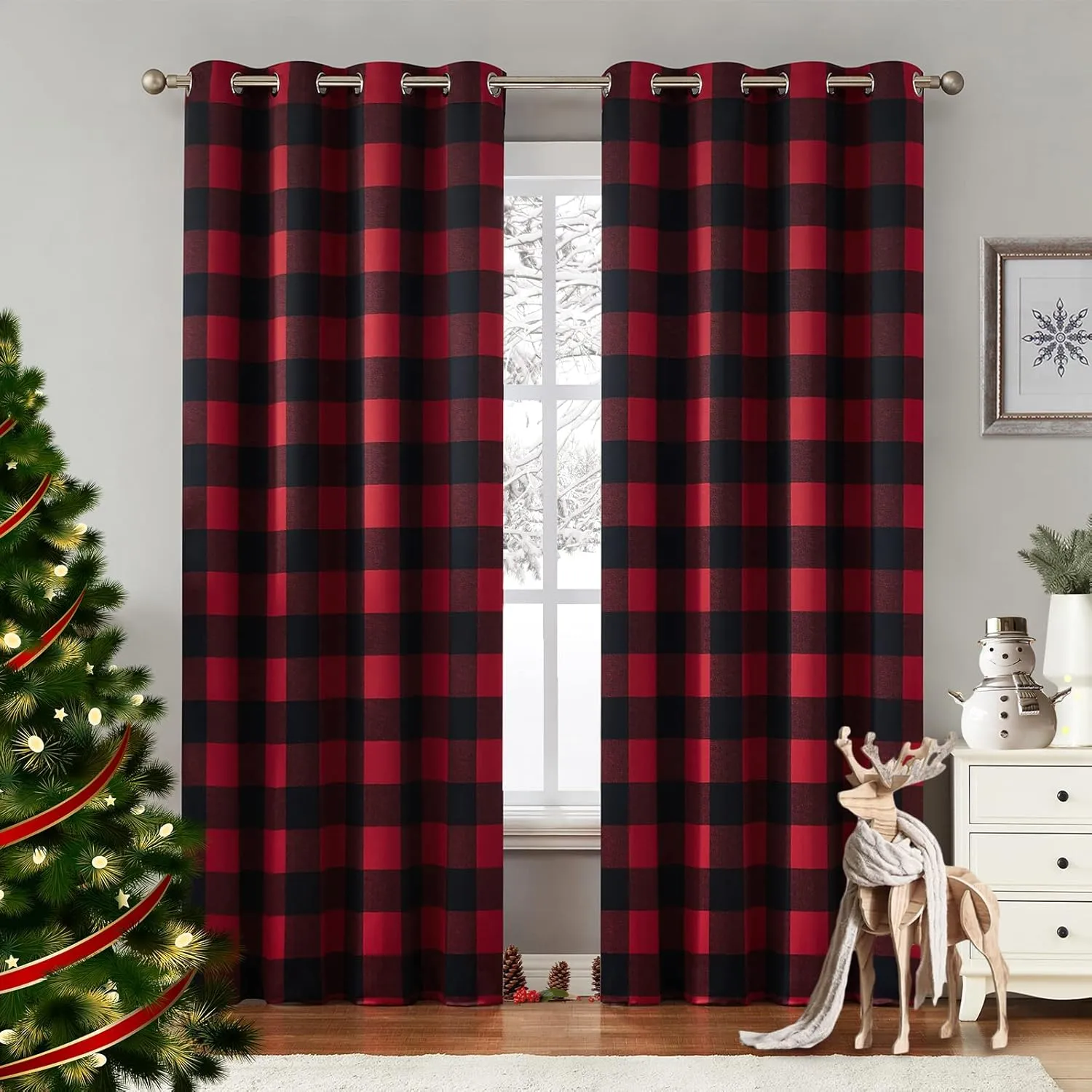 Melodieux Buffalo Check Plaid Blackout Curtains 84 Inches Long for Bedroom, Living Room Thermal Insulated Room Darkening Grommet Drapes, Black Red, 50 x 84 Inch, 2 Panels