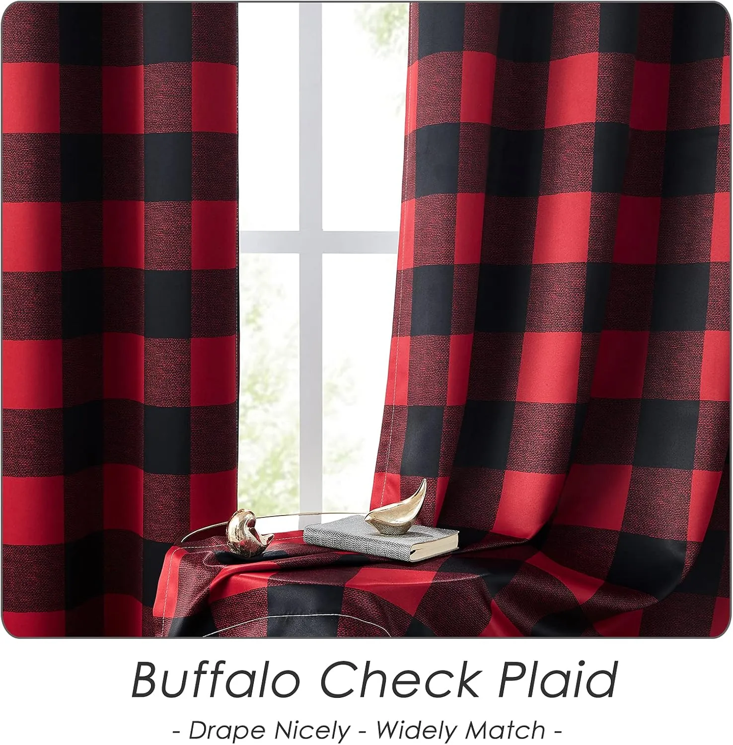 Melodieux Buffalo Check Plaid Blackout Curtains 84 Inches Long for Bedroom, Living Room Thermal Insulated Room Darkening Grommet Drapes, Black Red, 50 x 84 Inch, 2 Panels