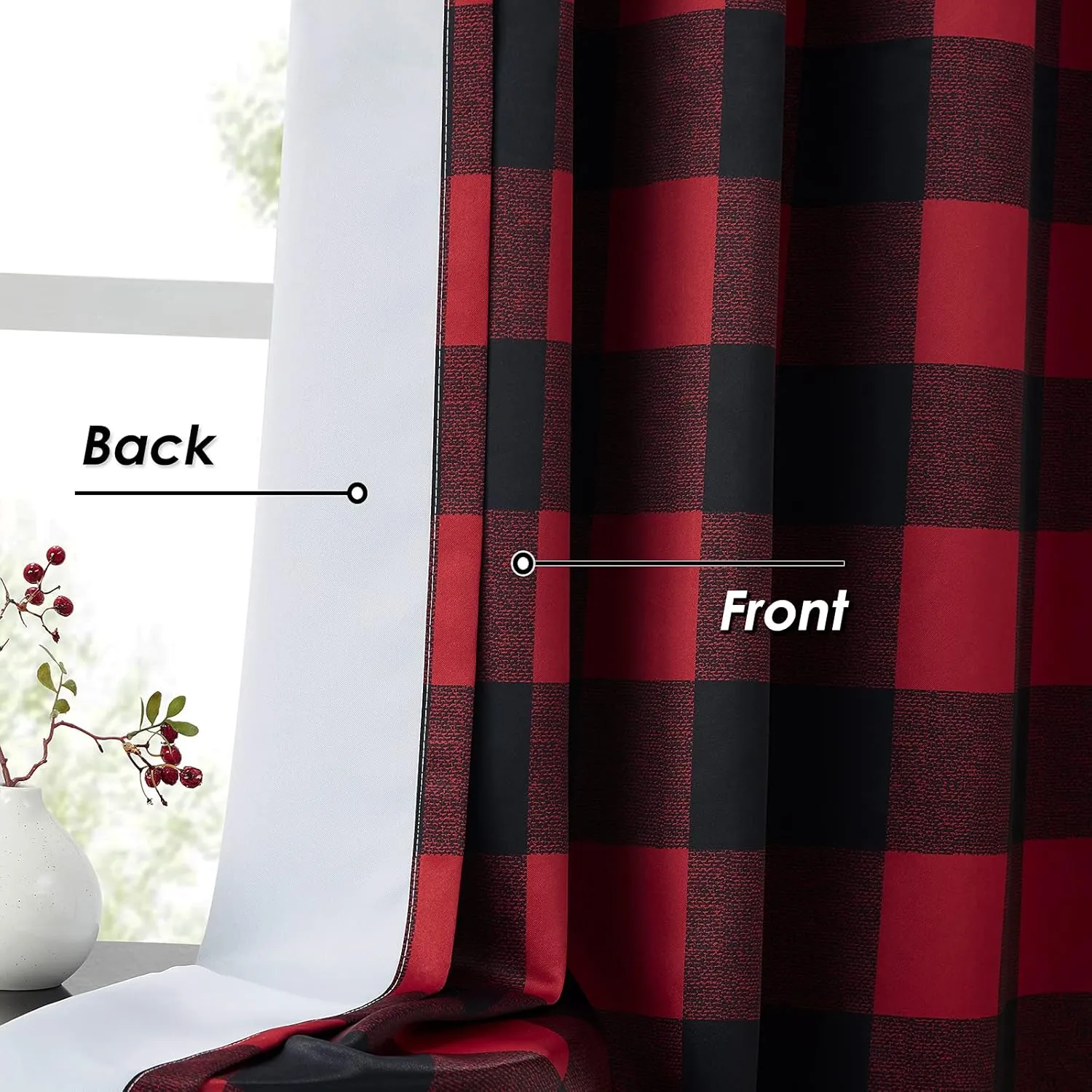 Melodieux Buffalo Check Plaid Blackout Curtains 84 Inches Long for Bedroom, Living Room Thermal Insulated Room Darkening Grommet Drapes, Black Red, 50 x 84 Inch, 2 Panels