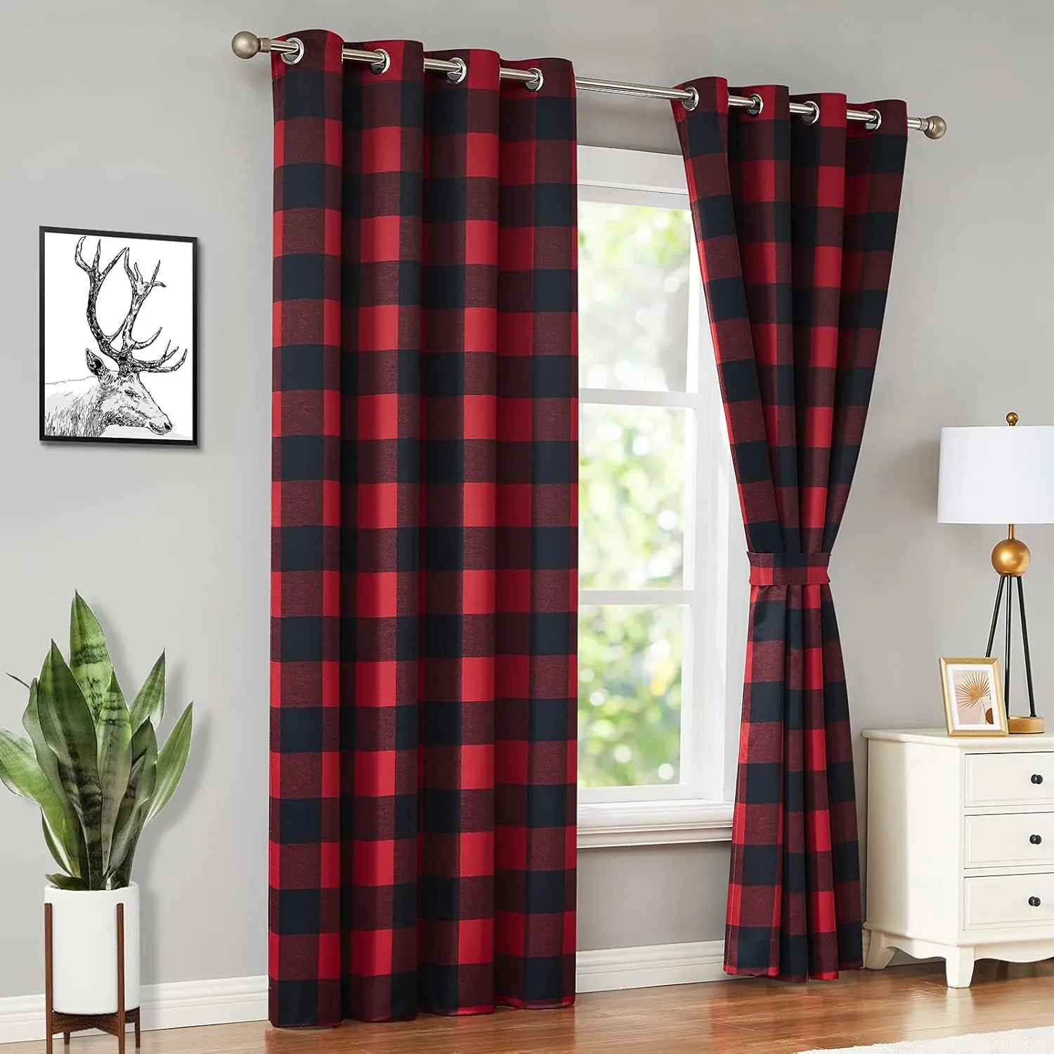 Melodieux Buffalo Check Plaid Blackout Curtains 84 Inches Long for Bedroom, Living Room Thermal Insulated Room Darkening Grommet Drapes, Black Red, 50 x 84 Inch, 2 Panels