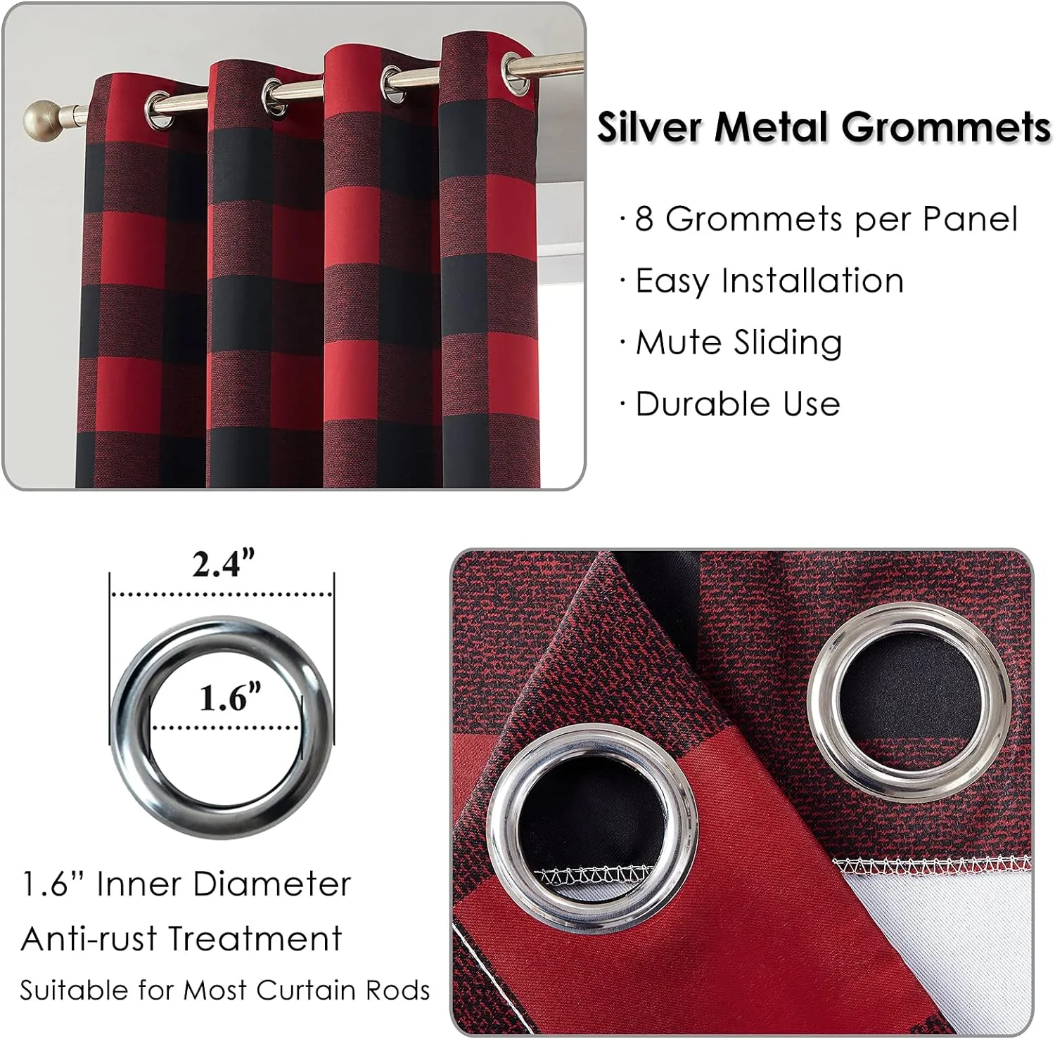Melodieux Buffalo Check Plaid Blackout Curtains 84 Inches Long for Bedroom, Living Room Thermal Insulated Room Darkening Grommet Drapes, Black Red, 50 x 84 Inch, 2 Panels