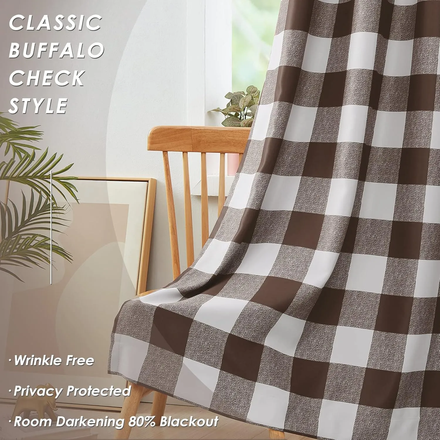 Melodieux Buffalo Check Plaid Blackout Curtains 84 Inches Long for Living Room, Bedroom Thermal Insulated Room Darkening Grommet Drapes, Brown, 50 x 84 Inch, 2 Panels