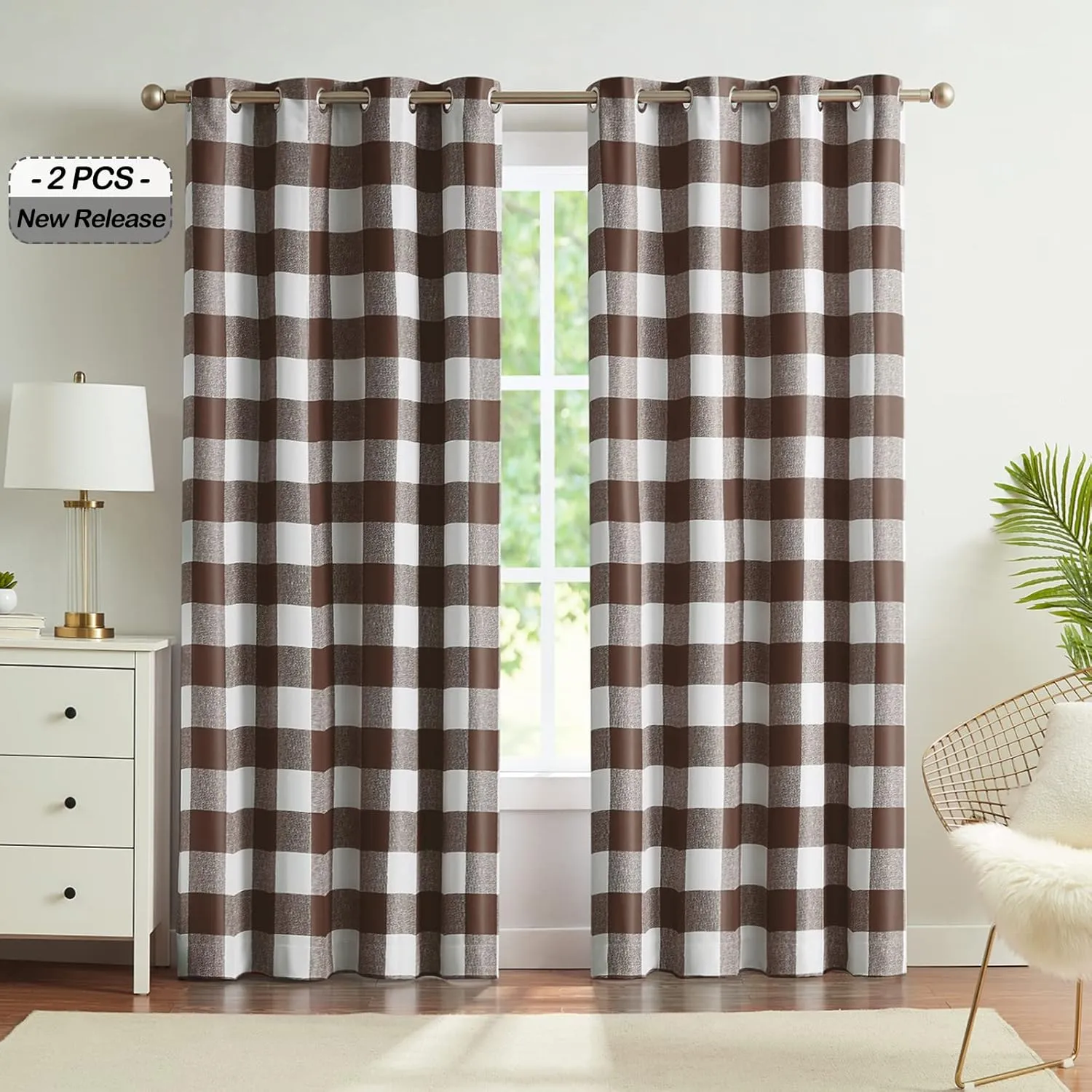 Melodieux Buffalo Check Plaid Blackout Curtains 84 Inches Long for Living Room, Bedroom Thermal Insulated Room Darkening Grommet Drapes, Brown, 50 x 84 Inch, 2 Panels