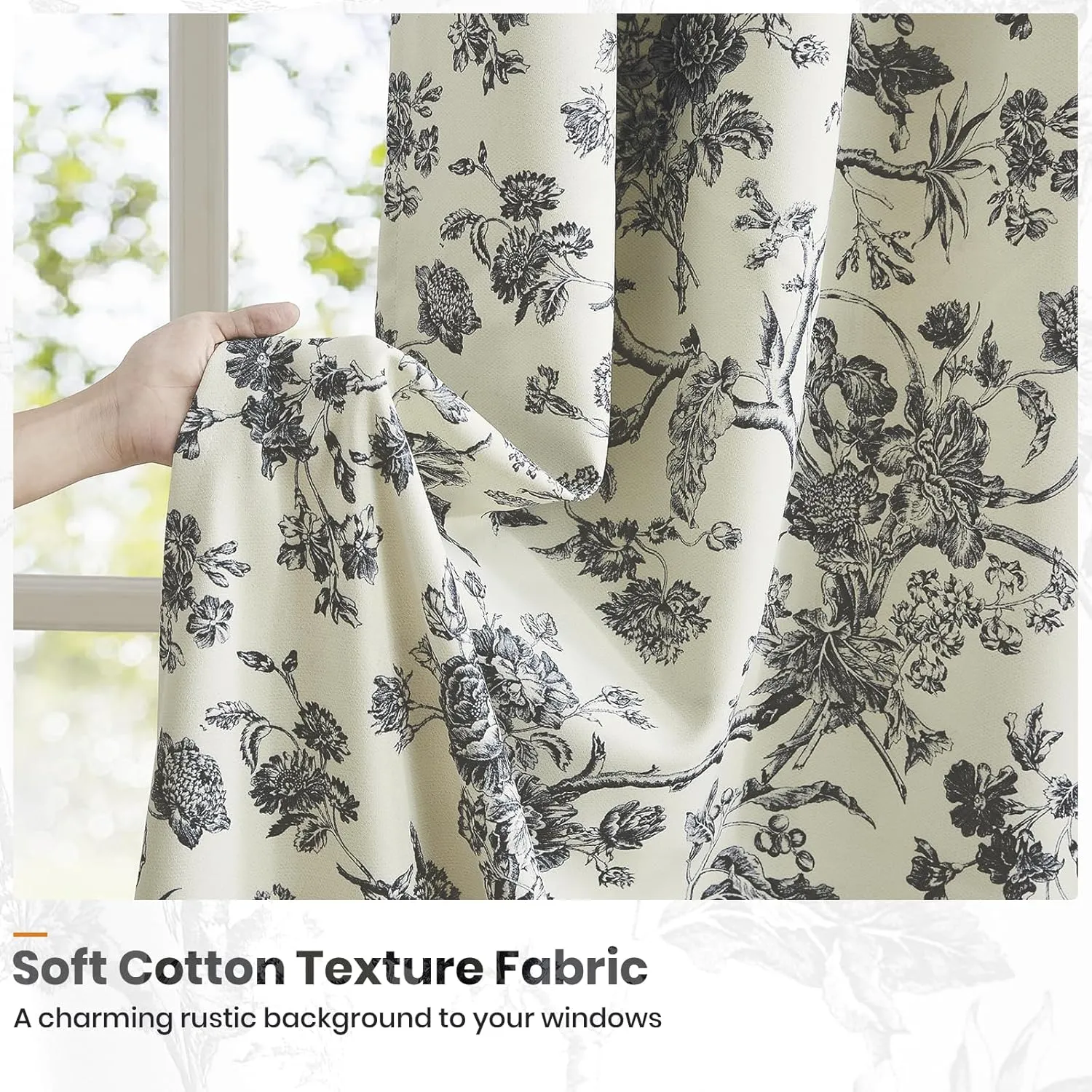 Melodieux Vintage Floral Blackout Curtains 84 Inches Long for Living Room, Bedroom Farmhouse French Country Drapes Cotton Thermal Insulated Grommet Toile Curtains, 52 by 84 in, Black Onyx, 2 Panels