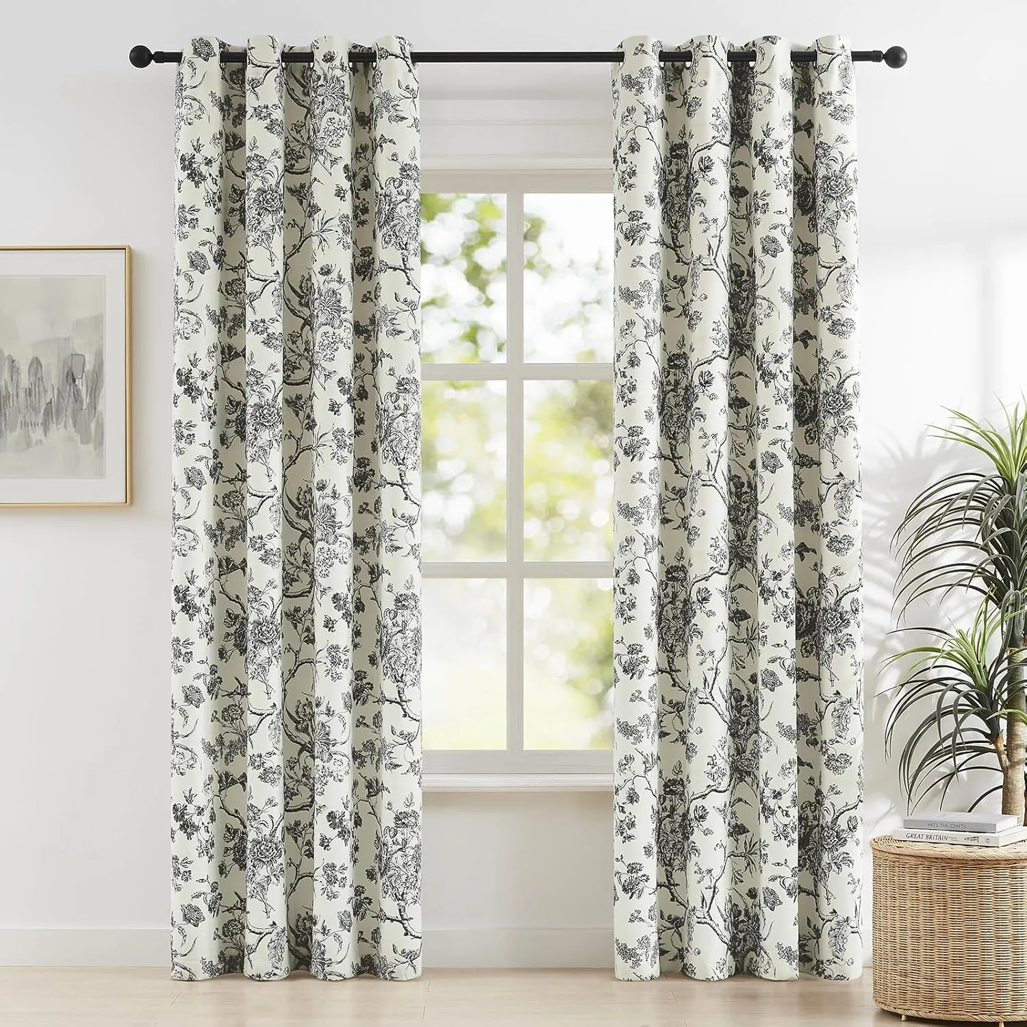 Melodieux Vintage Floral Blackout Curtains 84 Inches Long for Living Room, Bedroom Farmhouse French Country Drapes Cotton Thermal Insulated Grommet Toile Curtains, 52 by 84 in, Black Onyx, 2 Panels