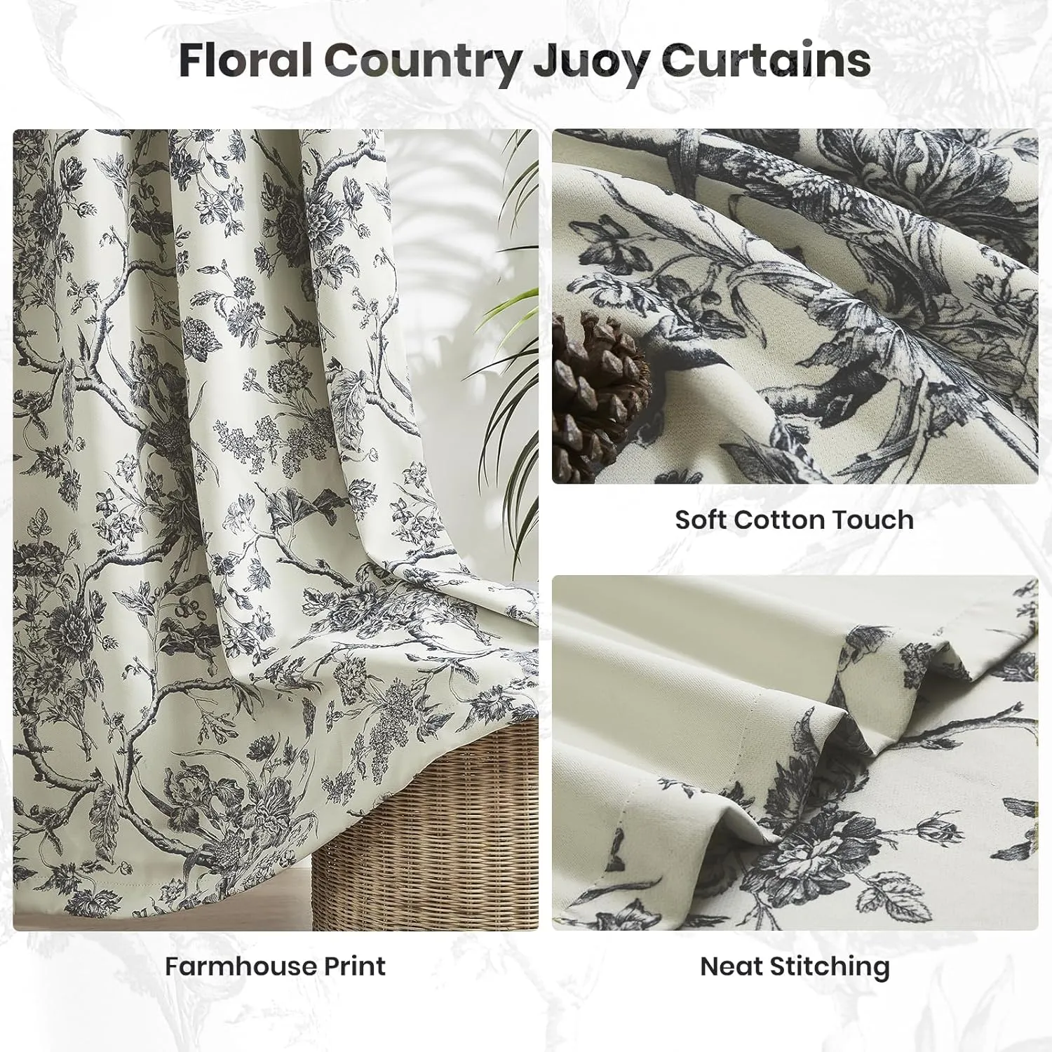 Melodieux Vintage Floral Blackout Curtains 84 Inches Long for Living Room, Bedroom Farmhouse French Country Drapes Cotton Thermal Insulated Grommet Toile Curtains, 52 by 84 in, Black Onyx, 2 Panels
