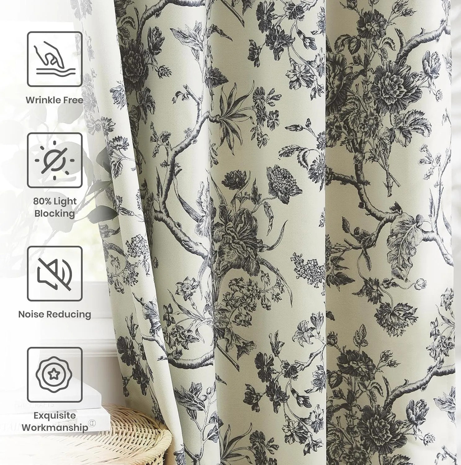 Melodieux Vintage Floral Blackout Curtains 84 Inches Long for Living Room, Bedroom Farmhouse French Country Drapes Cotton Thermal Insulated Grommet Toile Curtains, 52 by 84 in, Black Onyx, 2 Panels
