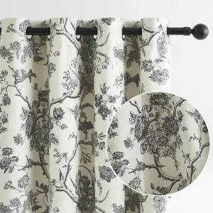 Melodieux Vintage Floral Blackout Curtains 84 Inches Long for Living Room, Bedroom Farmhouse French Country Drapes Cotton Thermal Insulated Grommet Toile Curtains, 52 by 84 in, Black Onyx, 2 Panels