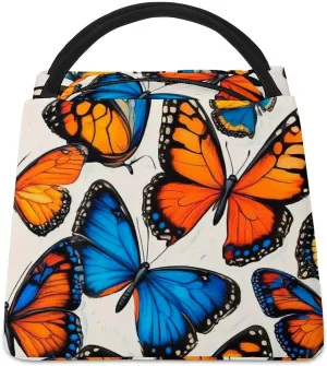 Men Women Reusable Insulated Lunch Bags, Waterproof Large Tote Blue Orange Butterflies Art Lunch Box Portable Meal Bags for Work Office