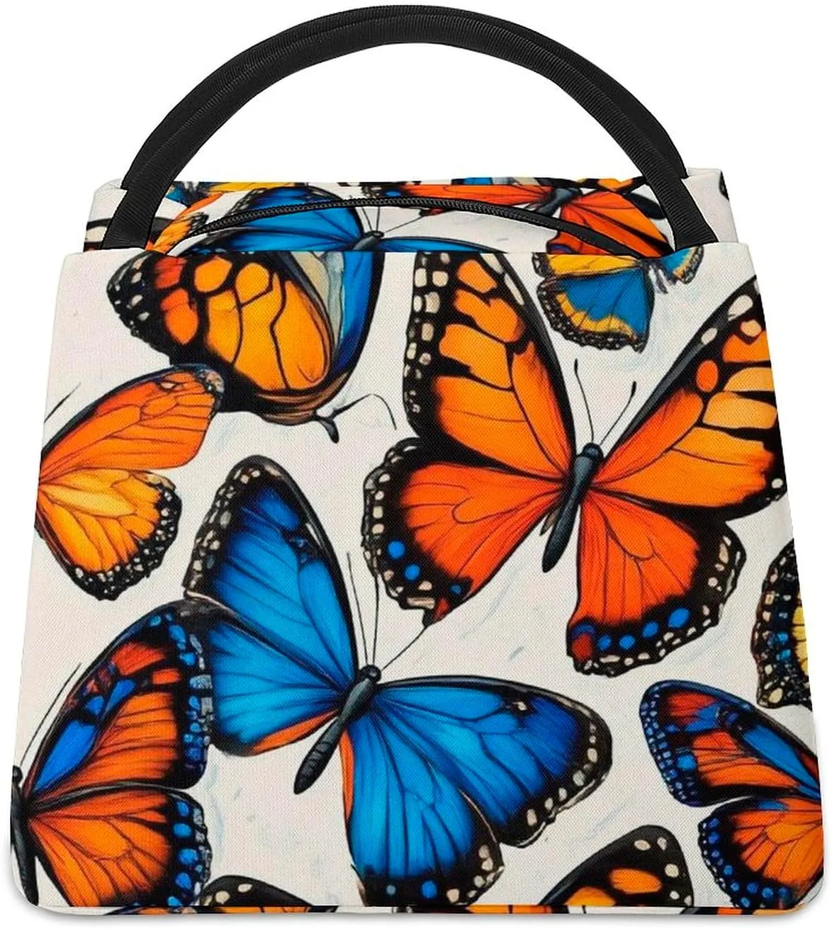 Men Women Reusable Insulated Lunch Bags, Waterproof Large Tote Blue Orange Butterflies Art Lunch Box Portable Meal Bags for Work Office