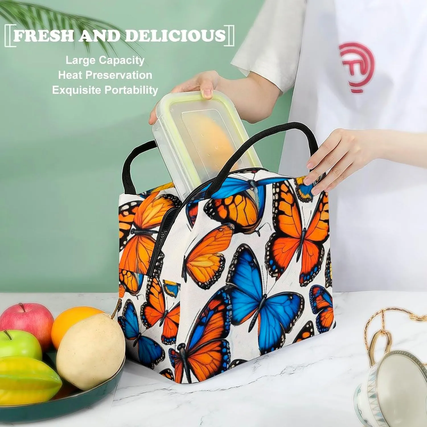 Men Women Reusable Insulated Lunch Bags, Waterproof Large Tote Blue Orange Butterflies Art Lunch Box Portable Meal Bags for Work Office