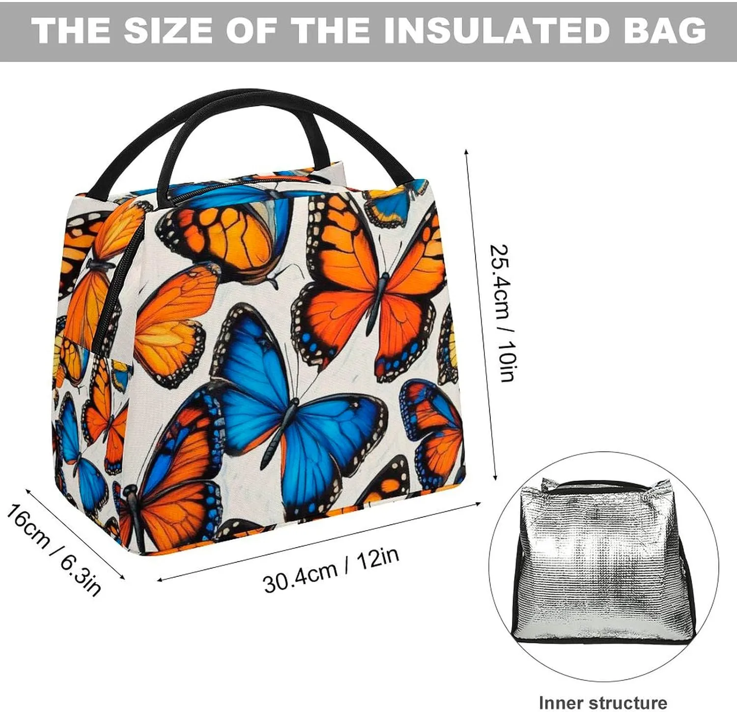 Men Women Reusable Insulated Lunch Bags, Waterproof Large Tote Blue Orange Butterflies Art Lunch Box Portable Meal Bags for Work Office