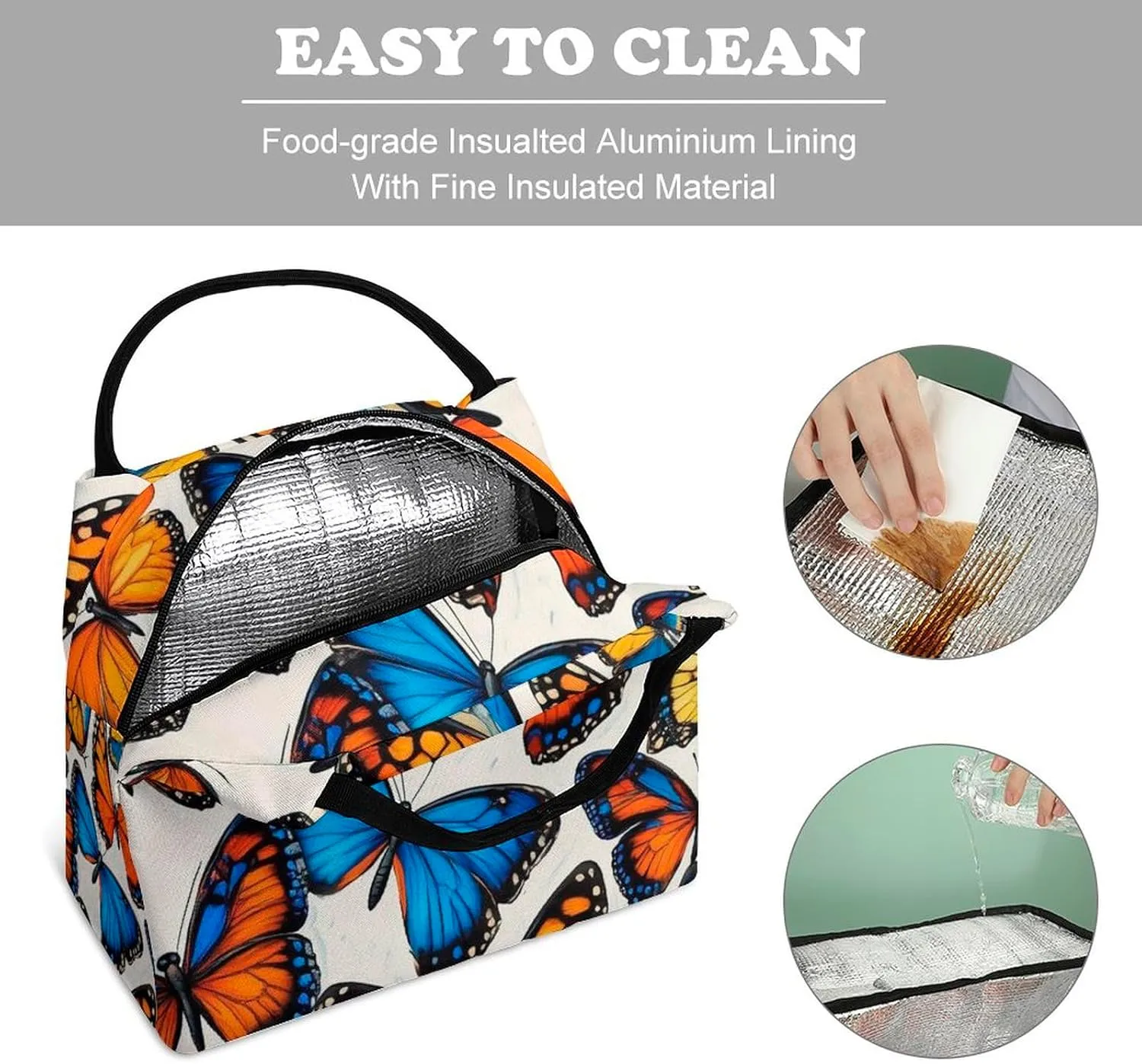 Men Women Reusable Insulated Lunch Bags, Waterproof Large Tote Blue Orange Butterflies Art Lunch Box Portable Meal Bags for Work Office