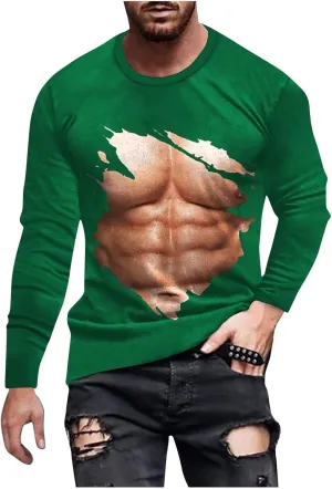 Mens Big and Tall Long Sleeve Shirts Casual Stylish 3D Muscle Graphic Tee Shirts Loose Fitness Sport Pullover Top
