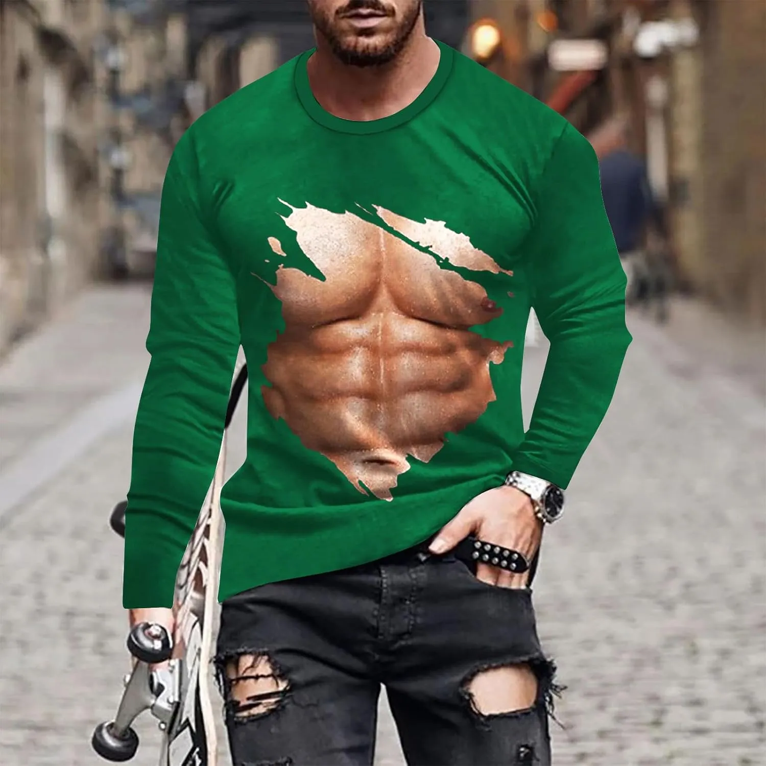 Mens Big and Tall Long Sleeve Shirts Casual Stylish 3D Muscle Graphic Tee Shirts Loose Fitness Sport Pullover Top